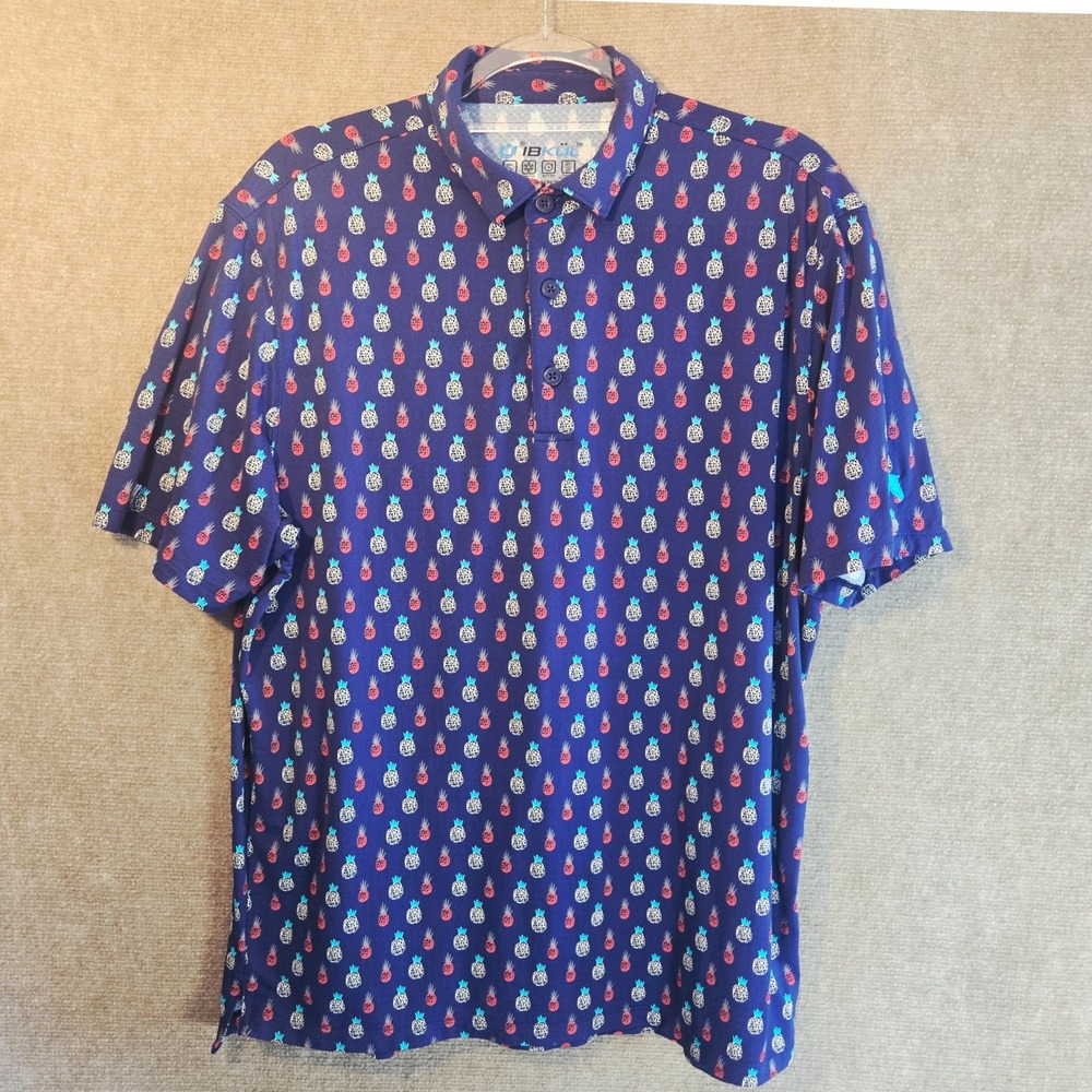 IBKUL Mens Large Pineapple Print Performance Golf Polo Navy Blue UPF‎ 50+ IceFil
